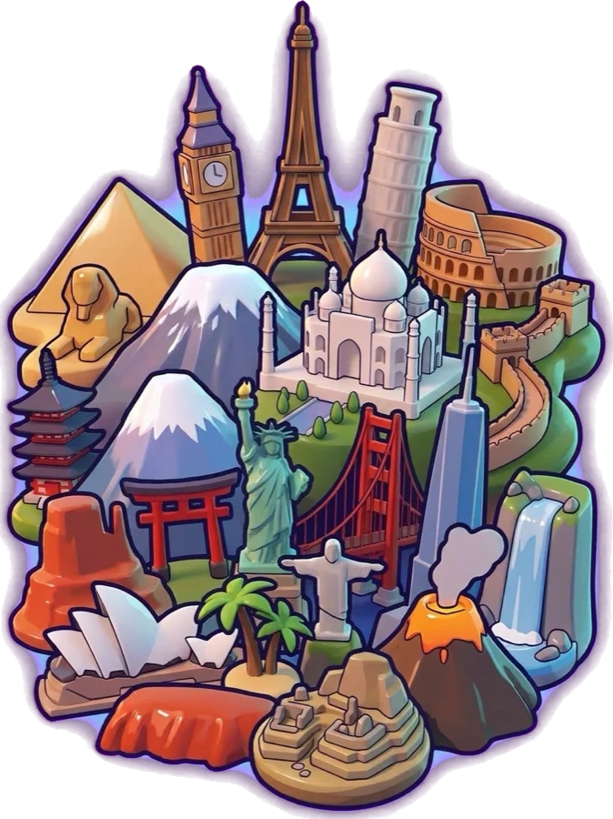 A toy island crowded with world landmarks